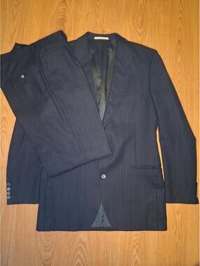 Yves Saint Laurent 2 Piece Suit 40L 30x33 Navy Striped Wool